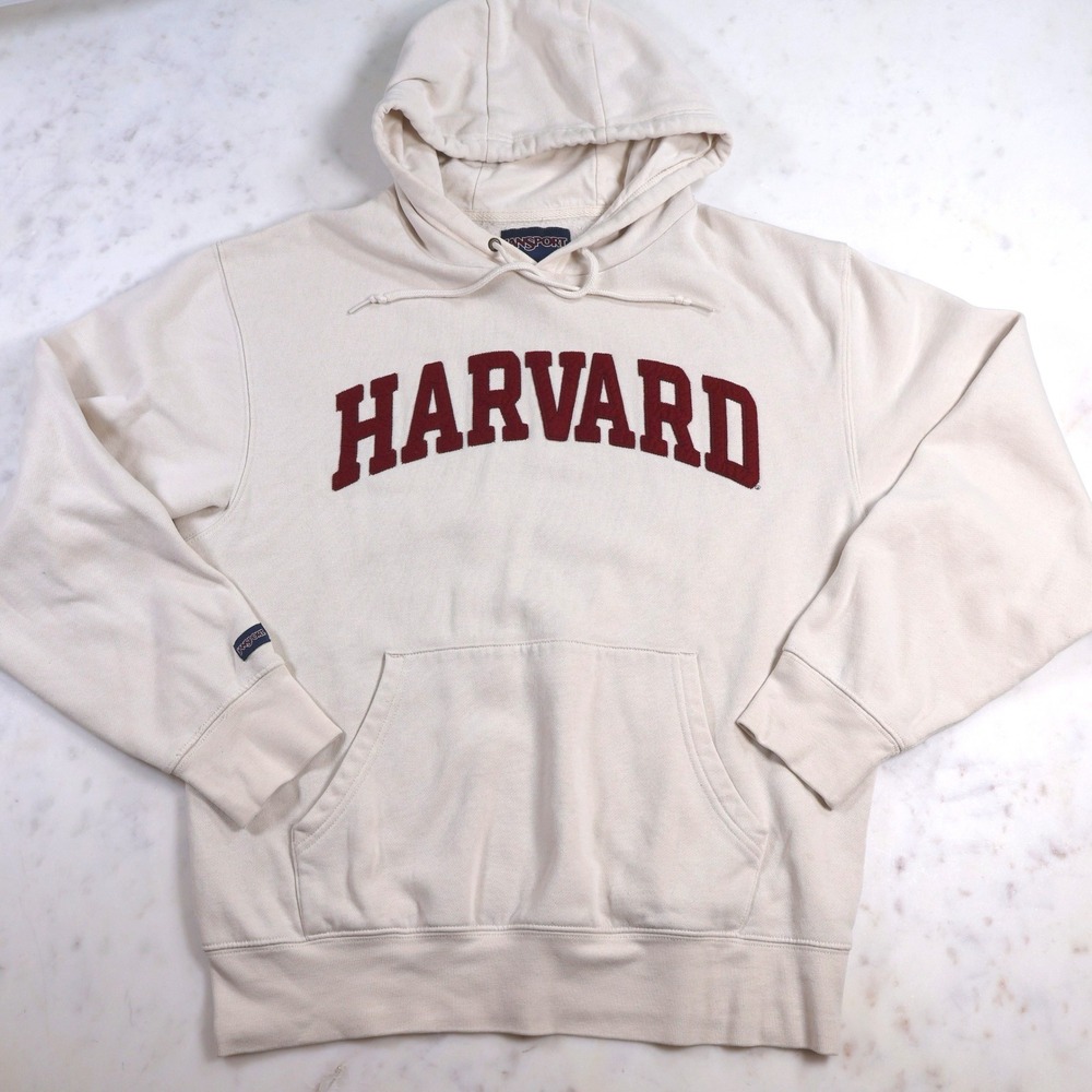 Jansport Harvard University Hoodie Cream Maroon Applique Mens Medium Sweatshirt